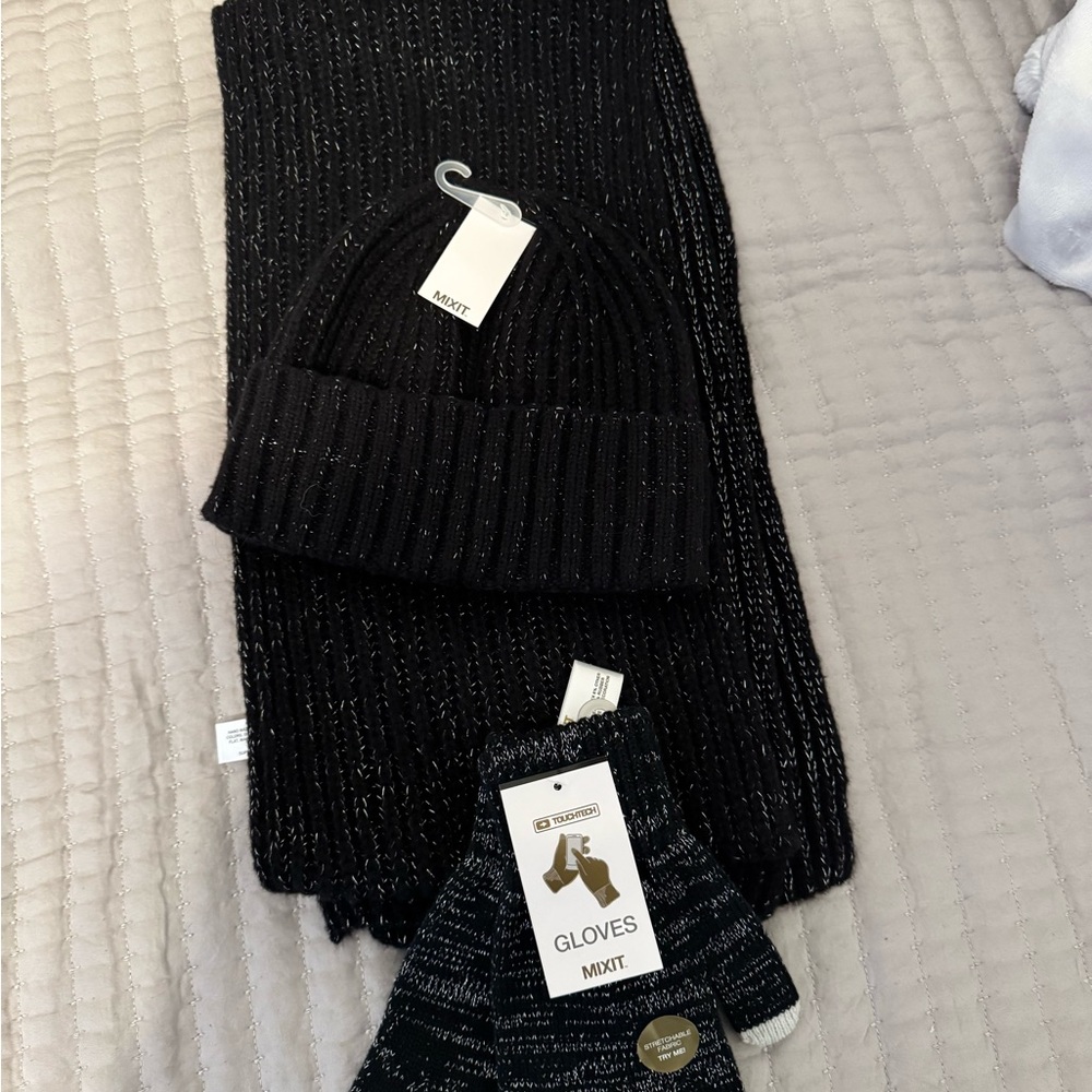 Mixit Black and Silver Scarf, Hat & Knit Gloves Set
